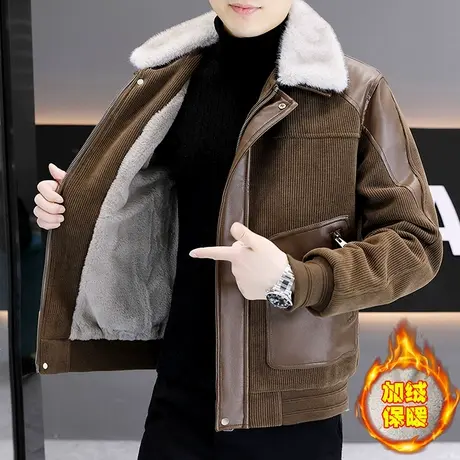 高级感拼接夹克男士秋冬季加厚加绒潮流痞帅皮衣外套可卸毛领男装图片