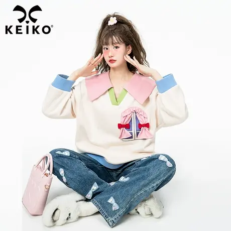 KEIKO 少女心宽松卫衣23秋季甜美风设计感拼色polo领上衣春秋外套商品大图