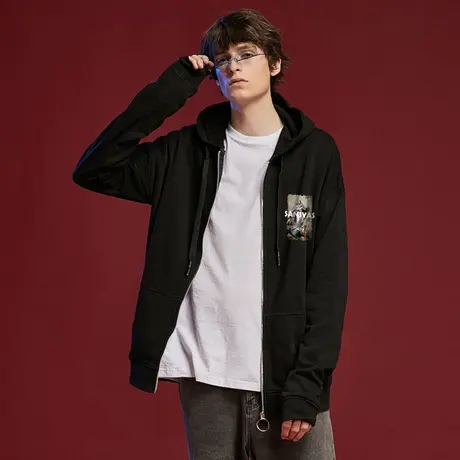 木村三社SANSYAS 玛利亚印花拉链连帽卫衣 男女同款 黑色图片