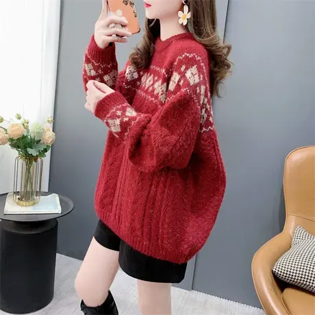 氛围感复古提花红色圆领毛衣女秋冬2023年新款宽松加厚打底针织衫商品大图