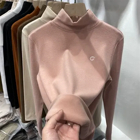 双面磨毛德绒保暖T恤女士秋冬季修身内搭打底衫半高领刺绣上衣服图片