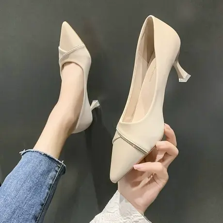 法式白色高跟鞋女春秋2024新款女鞋时尚气质浅口尖头黑色细跟单鞋图片