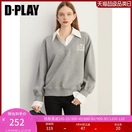 DPLAY秋季通勤灰色翻领领口袖口拼接衬衫假两件撞色刺绣套头卫衣商品大图