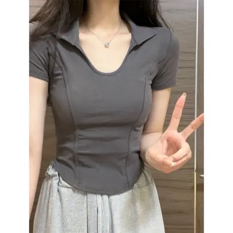 鱼骨正肩V领半袖T恤女2025新款纯棉夏装韩版百搭修身短款短袖上衣图片