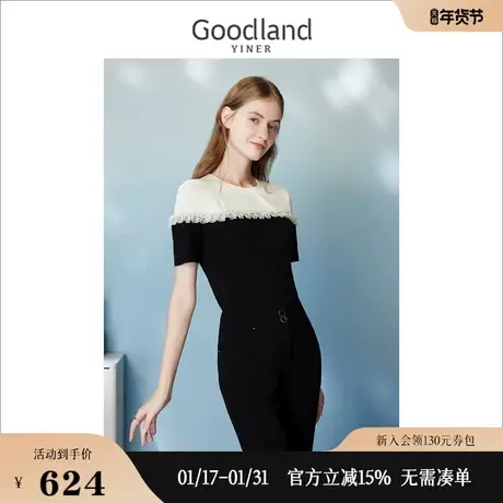 Goodland美地女装2023夏假两件黑白拼接珍珠荷叶边针织衫商品大图