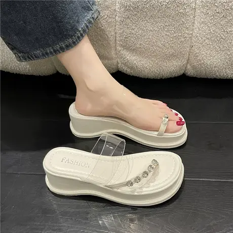 时尚水钻夹趾凉拖鞋女夏季外穿2024年新款网红超火增高厚底一字拖商品大图