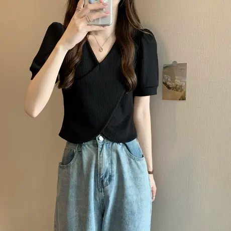 v领正肩不规则短袖t恤女2023新款夏季设计感小众独特别致短款上衣商品大图