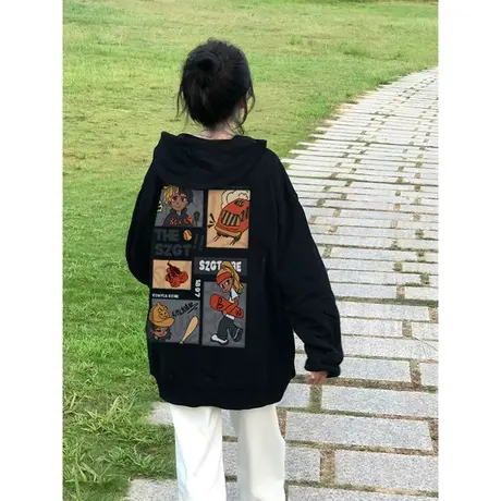 美式复古设计感连帽卫衣女秋冬加绒加厚ins潮牌小众宽松大码外套图片