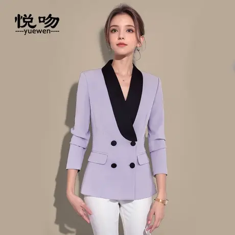 长袖青果领撞色西装外套女2024新款高级感双排扣小西服OL通勤上衣图片