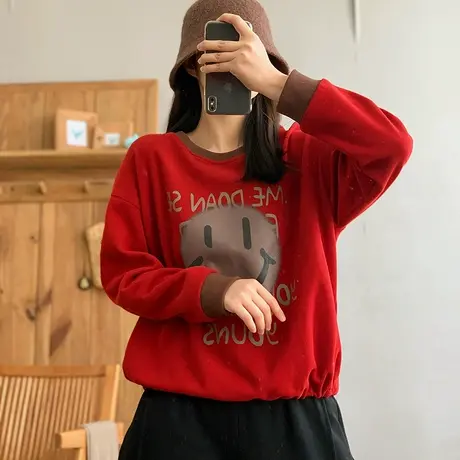 dza 复古纯棉印花圆领套头笑脸卫衣女2024春新款宽松休闲长袖上衣商品大图