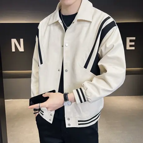 潮牌夹克男士外套春秋季2023年新款潮流男装休闲翻领拼色上衣服商品大图