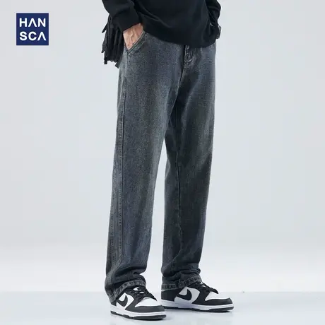 hansca蓝色牛仔裤男宽松直筒秋季新款潮牌百搭水洗复古休闲阔腿裤商品大图