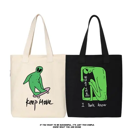 绿色皮肤外星人图案帆布包单肩包帆布袋学生大容量手提日系购物袋商品大图