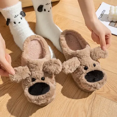 可爱泰迪绒狗狗棉拖鞋女冬季室内家居毛绒保暖少女心卡通包头棉拖商品大图