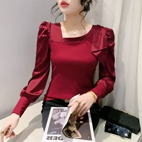 韩版气质上衣蝴蝶结斜领拼接泡泡袖打底衫女新款时尚修身百搭T恤图片