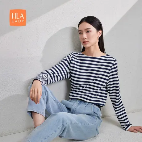 HLA/海澜之家一字领长袖T恤2024春夏新款微弹柔软透气长t女装商品大图