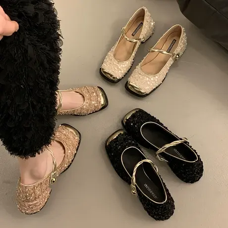 亮片银色浅口单鞋女2024春新款韩版晚风气质仙女软平底玛丽珍鞋商品大图