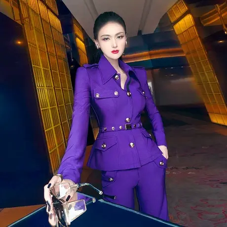 VJE秋季帅气英伦军装风套装女新款时尚上衣垂感喇叭裤两件套商品大图