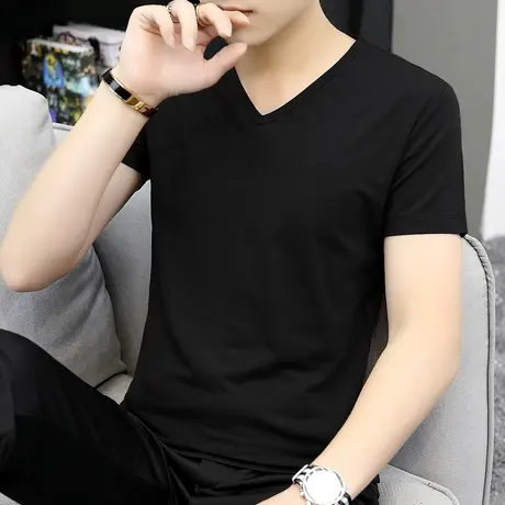 莫代尔冰丝短袖t恤男装V领纯色黑色上衣服凉感速干半袖夏季打底衫商品大图