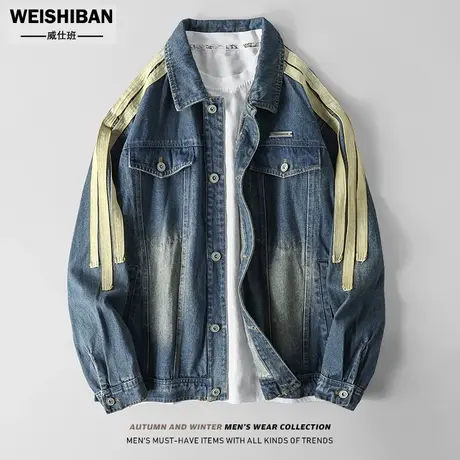 美式复古水洗做旧牛仔外套国潮情侣oversize高街宽松夹克机车服潮商品大图