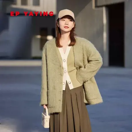 EP YAYING雅莹女装 宽松廓形马海毛V领大衣 2023秋冬新款M103A图片