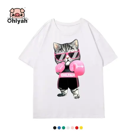 Ohlyah品牌卡通小猫印花纯棉短袖潮牌圆领女装港风t恤ins夏天沙滩商品大图