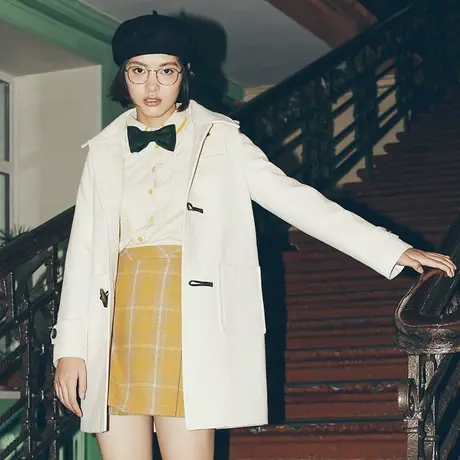 omont蛋挞家 复古学院风连帽中长款牛角扣毛呢子大衣女外套秋冬季图片