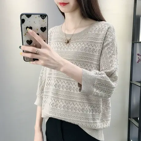 镂空针织衫秋装女2023年新款纯色圆领七分袖勾花宽松蝙蝠袖上衣商品大图