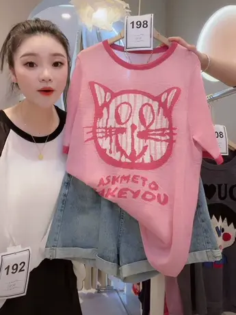 欧洲站冰丝短袖t恤女夏季2023新款时尚撞色减龄网红猫咪洋气上衣商品大图