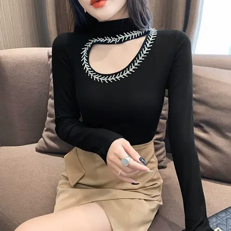 半高领打底衫女秋冬性感镂空长袖T恤时尚钉珠小衫小心机洋气上衣图片