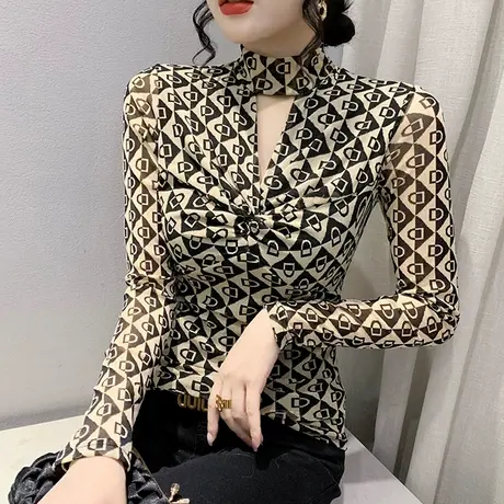 加绒半高领打底衫女秋冬性感镂空长袖时尚印花网纱T恤显瘦上衣ins商品大图