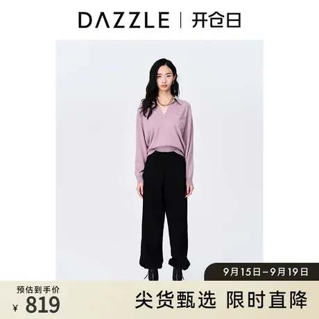 DAZZLE地素奥莱秋通勤黑色简约松紧腰抽绳保暖加绒卫裤女商品大图