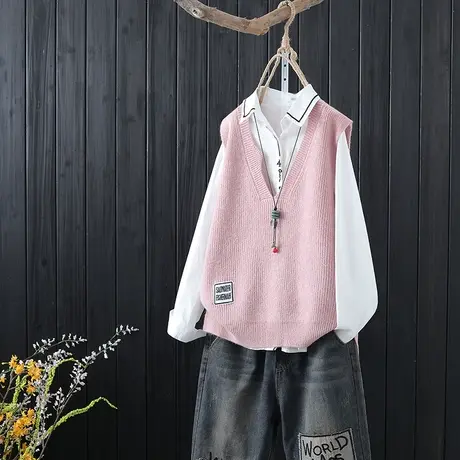 春秋装新品文艺宽松V领针织马甲女无袖毛衣背心坎肩毛线外穿马夹商品大图