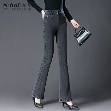 弹力喇叭裤女秋季新款2023年百搭松紧高腰显瘦烟灰色微喇牛仔裤子商品大图