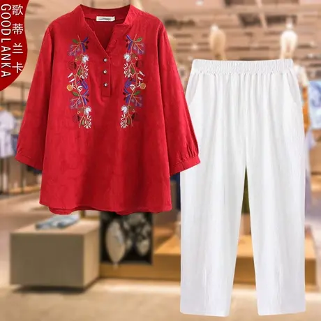 40-50岁妈妈夏装两件套2022新款大码洋气刺绣短袖T恤中年妈妈套装商品大图