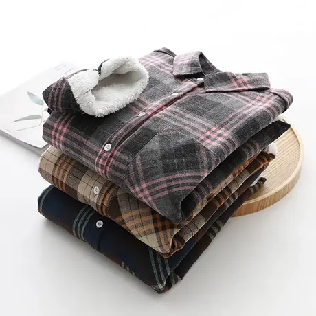 复古港味文艺格纹加厚加绒衬衫女长袖保暖冬2020新款格子打底衬衣图片