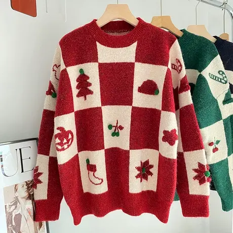 红色毛衣女秋冬季加厚宽松套头设计感小众上衣慵懒风针织软糯外套商品大图