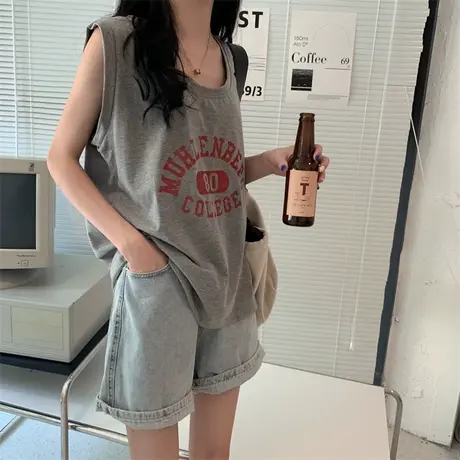 复古美式吊带背心女ins夏季2023新款宽松外穿休闲运动无袖t恤上衣图片