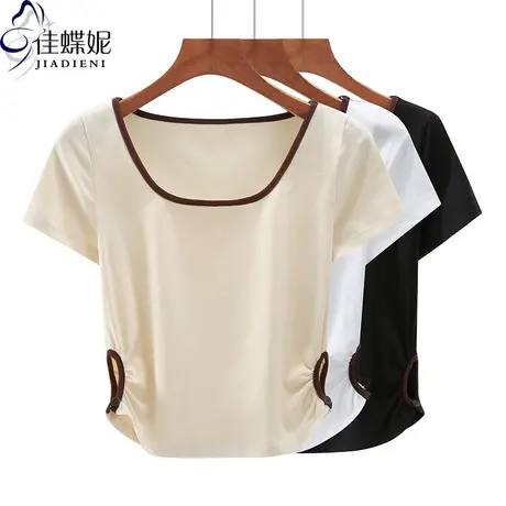 夏季新款欧美圆领短款纯欲修身纯白纯色短袖体恤上衣内搭女打底衫图片