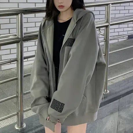 加绒加厚开衫卫衣女宽松秋冬美式复古oversize连帽外套hiphop上衣图片