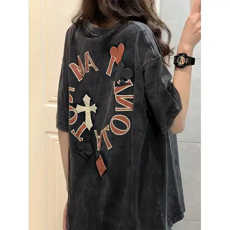 水洗做旧复古t恤女潮牌高街hiphop大码夏季短袖ins情侣慵懒风上衣商品大图