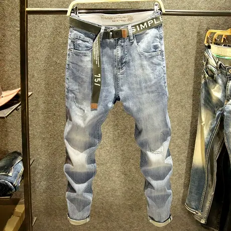 浅色破洞补丁九分牛仔裤男弹力修身小脚裤新款潮牌痞帅潮流裤子男商品大图