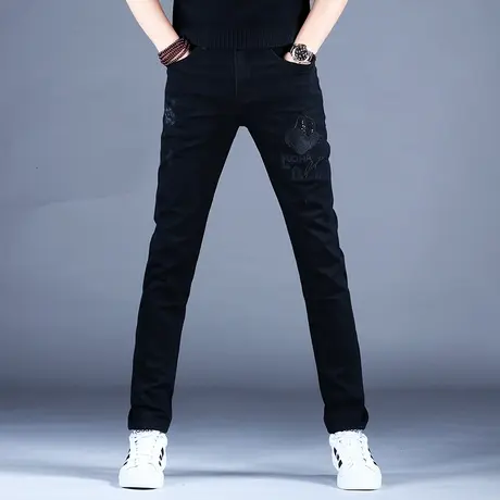 男士黑色刺绣牛仔裤男款弹力百搭2023新款裤子修身小脚就韩版潮流商品大图