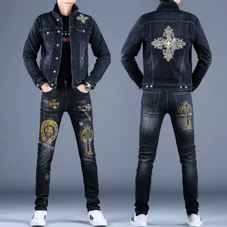 2022新款男士刺绣牛仔套装男秋冬牛仔上衣男外套夹克休闲修身小脚图片