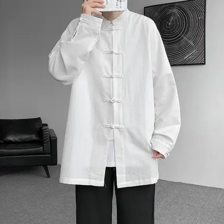 新中式唐装男复古中国风棉麻衬衫长袖中华立领盘扣中山衬衣男装潮商品大图