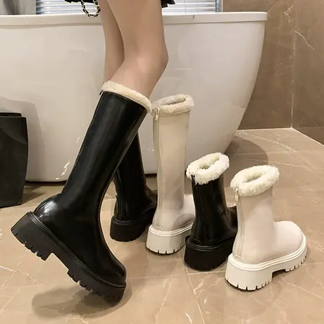 厚底小众长筒骑士长靴女鞋2023年新款秋冬季加绒毛毛棉靴雪地靴子商品大图
