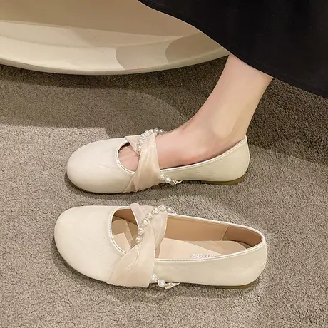 软皮珍珠法式玛丽珍鞋女春季2023新款伴娘配裙平底鞋气质名媛单鞋商品大图