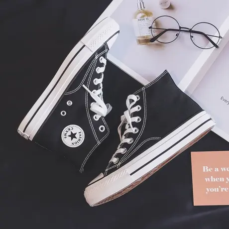 梦赛复古高帮帆布鞋2023年新款女生百搭简约经典平底休闲学生板鞋商品大图