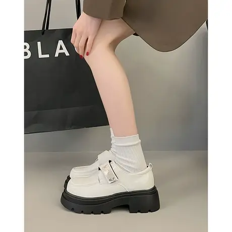 日系圆头百搭粗跟厚底小皮鞋女2023新款秋天法式复古一脚蹬乐福鞋图片