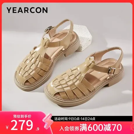 意尔康女鞋夏季女士粗跟包头罗马凉鞋外穿度假休闲沙滩鞋镂空复古图片
